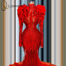 2021 Red Ruffles High Neck Mermaid Evening Dresses Sexy Illusion Muslim Long Sleeve Prom Party Gowns Saudi Arabia Formal Dresses 2024 - buy cheap