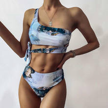 Biquíni de um ombro com estampa de mármore, cintura alta, traje de banho feminino para nadar, conjunto de biquíni enrolado para natação, 2021 2024 - compre barato
