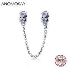 Anomokay 100% 925 Sterling Silver Daisy Flower Safety Chain Stopper Charm fit Charm Bracelet S925 Purple Enamel Bead DIY Jewelry 2024 - buy cheap