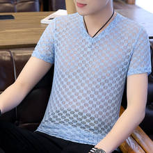 Мужская шелковая футболка, с коротким рукавом, однотонная, повседневная, с V-образным вырезом, W32, лето 2021 2024 - купить недорого