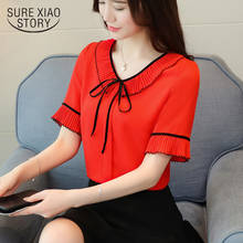 New Spring Short Sleeved Blouses Bow Sweet Lady Casual Bow Women Tops Peter Pan Collar Women Shirts Chiffon Blouses D586 30 2024 - buy cheap