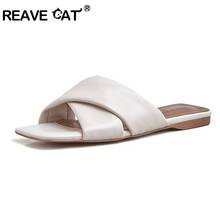 REAVE CAT Shoes Women Natural Soft Genuine Leather Flat Slippers Square Toe Ladies Slides Summer Beach Sandals Multi color 2024 - buy cheap