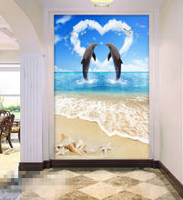 Papel tapiz autoadhesivo 3D de delfines en la playa, Mural de suelo 454654, calcomanía impresa para pared, murales de pared 2024 - compra barato