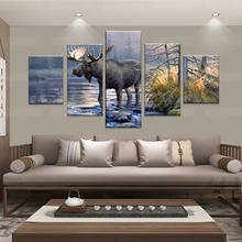 Imágenes modulares para sala de estar, impresiones en HD en lienzo, pintura de ciervo y alce Animal, decoración del hogar, marco de arte de pared, póster de alce de Río, 5 piezas 2024 - compra barato