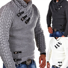 Suéter de hombre moda Color sólido hebilla de cuero costura de manga larga suéteres delgados para hombres Otoño Invierno Jersey de punto Masculino 2024 - compra barato