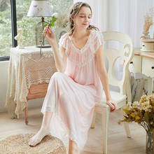 Women Sleepwear Lace Long Nightdress Vintage Princess Sleep Lounge Dress Light Pink Elegant Summer Modal Nightgowns Novelty   2024 - buy cheap