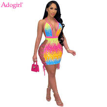 Adogirl Sexy Multicolor Sequins Lace Up Mini Dress S-4XL Halter V Neck Sleeveless Backless Bodycon Vestidos Club Party Costume 2024 - buy cheap