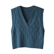 Chaleco de punto de algodón azul para mujer, suéter informal suelto con cuello en V, ropa de calle Vintage, primavera y otoño, novedad de 2021 2024 - compra barato