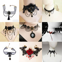Готическое ожерелье-чокер в стиле панк с черными бусинами и цветами, сексуальное кружевное ожерелье-чокер, винтажная цепочка с кисточками для женщин, Модная бижутерия 2024 - купить недорого