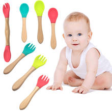 Colher garfo de madeira infantil de silicone 1 peça, para bebês, alimentação, talheres, utensílios para mesa 2024 - compre barato