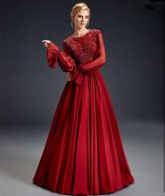 Evening Dress Burgundy Long Sleeve A-Line Lace Appliques Satin O-Neck Unique Design Red Wine Women Party Formal Gown Crystal 2024 - buy cheap