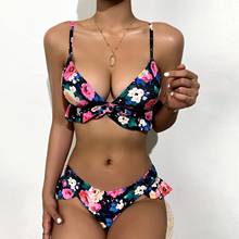 Biquíni floral plissado estampado feminino, traje de banho sexy, push up, conjunto de biquínis de cintura baixa, roupa de praia floral # t4g 2021 2024 - compre barato