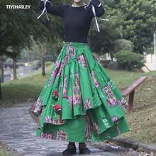 TIYIHAILEY Free Shipping 2021 New Long Maxi A-line Elastic Waist Women Cotton Linen Print Flower S-2XL Irregular Green Skirts 2024 - buy cheap