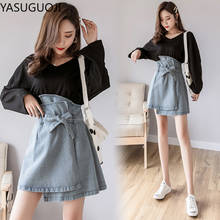 YASUGUOJI Female Irregular Denim Skirt Women Hip Korean Short Jeans Skirt High Waist Saias Cowboy Mini Pants Belt Jeans Skirt 2024 - buy cheap