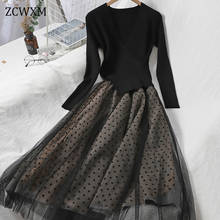 Zcwxm 2020 novo outono feminino malha meados de longo tule retalhos vestidos pretos elegante manga longa bolinhas a linha vestidos magros 2024 - compre barato