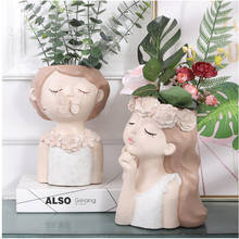 Maceta de flores carnosas para chica encantadora, florero de resina con cabeza creativa, maceta para sala de estar, contenedor de arreglo de flores de escritorio, decoración 2024 - compra barato