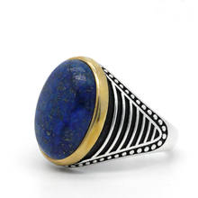 Lapis Lazuli Stone for Men 925 Sterling Silver Blue Stone Vintage Stripe Ring Turkish Thai Silver Jewelry for Male Women Gift 2024 - buy cheap