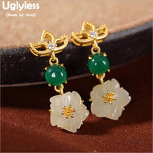 Uglyless Plated Gold Hollow Lotus Earrings for Women Natural Jade Plum Blossom Earrings 925 Silver Floral Brincos Jewelry E1340 2024 - buy cheap