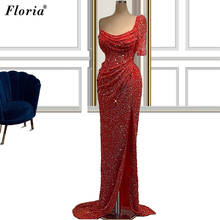 Vestido vermelho de coquetel, plus size, para mulheres, 2021, um ombro, lantejoulas, formatura, festa, roupa de noite, vestido arábico 2024 - compre barato