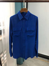 100% Silk Blue Women Double Pockets Shirt Female Turn Down Collar Long Sleeve Ladies Office  Blouse Tops 2024 - buy cheap