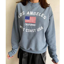 Light Blue Letter Print American Stylish Vintage Sweatshirt Women Loose Casual Streetwear Oversized Sports Girl Fall Winter Warm 2024 - buy cheap