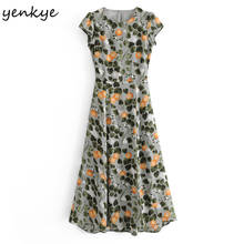 Yenkye-vestido feminino estampado sexy, costas nuas, limão, manga curta, decote em o, linha a, verão, longo 2024 - compre barato