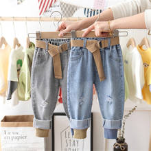 2021 Spring boys girls patchwork 2 colors loose ripped jeans 1-6 years kids casual all-match denim tousers with belt 2024 - buy cheap
