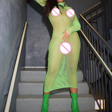 2021 Full Sleeve Turtleneck Sheer Net Mesh Bodycon Long Dress For Women Neon Green High Street Party Dresses Fashion Clubwear 2024 - buy cheap