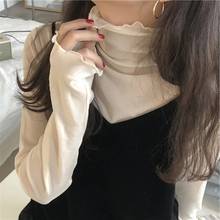 Fashion Mesh Solid Basic T Shirt Long Sleeve High Collar See-through T-shirt Thin Slim Street Casual Tee Shirts 2024 - buy cheap