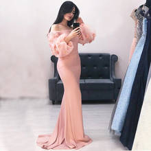 Vestido de fiesta de sirena rosa, largo y liso con hombros descubiertos vestido de fiesta, mangas hinchadas y flores, Formal 2024 - compra barato