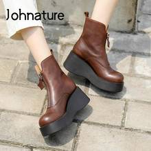 Johnature 2022 New Ankle Women Boots Zip Genuine Leather Women Shoes Round Toe Wedges Winter Handmade Leisure Platform Boots 2024 - buy cheap