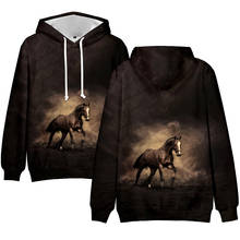 Толстовка с капюшоном для мальчиков и девочек, уличная одежда с 3d-рисунком черной лошади, свитшот с капюшоном Equus caballus, повседневный брендовый пуловер с единорогом 2024 - купить недорого