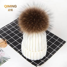 Touca infantil de pele de guaxinim, chapéu de malha, quente para o inverno, feminina, gorro de pompom de pele 2024 - compre barato