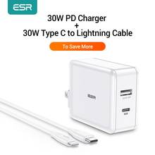 Esr carregador pd de 30w + cabo de 30w tipo c para lightning, carregador rápido, plugue usb c, carregador pd 5v, cabo mfi para ipad, iphone 2024 - compre barato