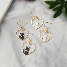 Sweet Cute Cat Heart-shaped Pendant Earrings Creative Female Black White Kitten Earring Jewelry Fashion Party Girl Gift 2024 - buy cheap