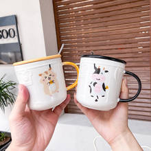 Cartoon embossed animal mug with spoon lid cat Ceramic Coffee Mug Coffee Cup Gold Breakfast Milk Water Cup Couple Gifts 2024 - buy cheap