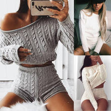 Autumn Winter  Fashion Women Ladies Chunky Knitted High Crew Neck Top Bottom Ribbed Lounge Suit Tracksuit Set Outfits 2024 - buy cheap