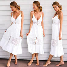 Women Summer Dress Sleeveless Solid Color Boho Deep V-neck Ruffles Lace Sundress Maxi Dress Holiday Elegant Wear 2024 - buy cheap