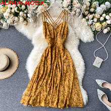 ALPHALMODA Beach Holiday Dress Backless Cross Dungaree Dress Women Summer 2020 New Floral Dress High Waist Strap Dress 2024 - buy cheap