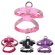 Bling Rhinestone Pet Puppy Dog Harness Velvet Leash with Bowknot for Small Dog Puppy Cat Chihuahua Pink Collar Pet Products 2024 - buy cheap