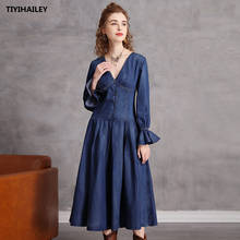 Tiyihailey vestido jeans 2020 novo estilo vintage, mangas longas, cano médio, decote em v, moda primavera e outono 2024 - compre barato