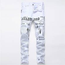 Fashion Biker Men Slim Jeans Homme 3D Printed Letter Streewear Slim Fit Denim Pants Male Slim Stone Washed Hip Hop Cotton Jeans 2024 - buy cheap