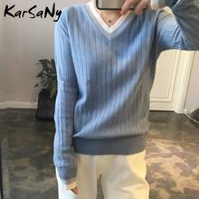 Autumn V-neck Cashmere Sweater Women Vintage Jumper Blue Knitted Striped Sweaters For Women White Sweater Pullover Winter Warm 2024 - buy cheap
