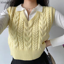 Casual Yellow Sleeveless Knitted Vest Top Women Autumn Korean Loose V-Neck Vintage Retro Waistcoat Outer Sweater Female 2020 2024 - buy cheap
