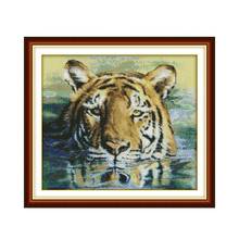 Um tigre em água ponto cruz kit 14ct 11ct pré carimbado lona cruz costura animal amante bordado diy bordado artesanal bordado 2024 - compre barato