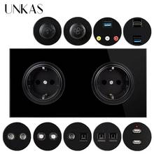 UNKAS-enchufe de Panel de vidrio negro para la UE, regulador de intensidad de ventilador, interruptor Compatible con HDMI, USB, TV, RJ45, Internet, RJ11, salida de teléfono 2024 - compra barato