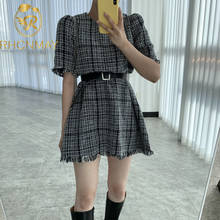 Fashion Korea Plaid Dress Women's Spring Summer 2021 New Loose Round Neck Slim Short Sleeve Mini Dresses With Belt For Women 2024 - buy cheap