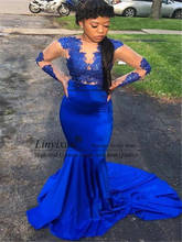 Royal Blue Mermaid Prom Dresses With Long Sleeve 2021 Lace Stain Sheer Scoop Neck Sweep Train African Occasion Evening Gowns 2024 - buy cheap