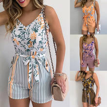Sexy V-neck Spaghetti Strap Floral Print Women Sashes Short Romper Playsuit Female Beach Sleeveless 2021 Fashion Casual Jumpsuit 2024 - buy cheap