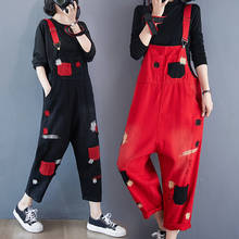 Black Ripped Jeans Jumpsuit Spring Women Vintage Embroidery Sleeveless Denim Overalls Woman Fashion Pocket Patchwork Red Rompers 2024 - buy cheap